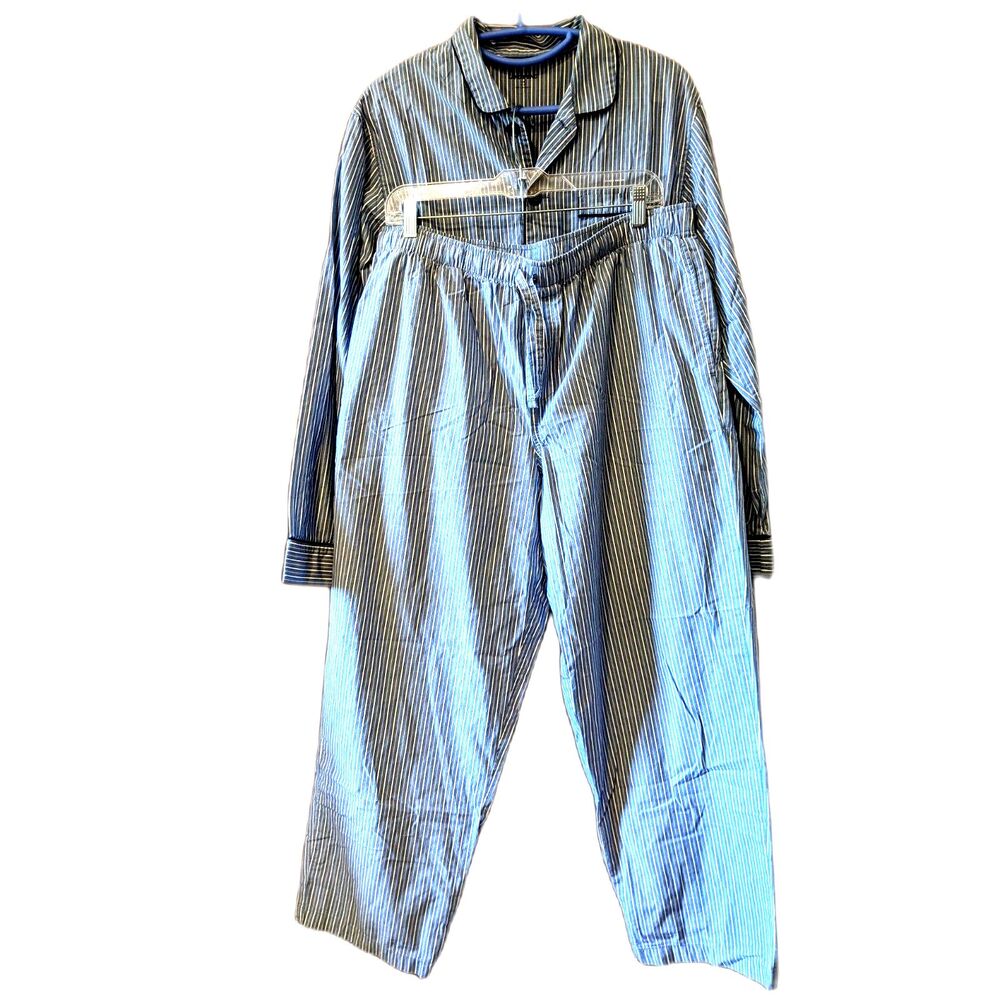 Lands End Blue White Stripe Pajamas Pjs Cotton Poplin Drawstring Button Down M
